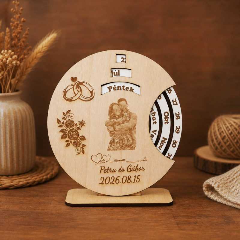 Esküvői öröknaptár saját képpel gravírozva