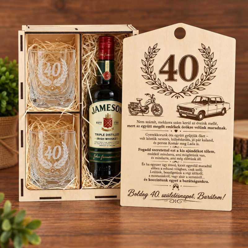 Egyedi gravírozott whiskys ajándékdoboz 40. születésnapra – kristálypoharakkal