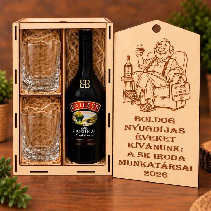 Egyedi gravírozású fa ajándékdoboz nyugdíjasba vonulásra-  2 db kristálypohárral
