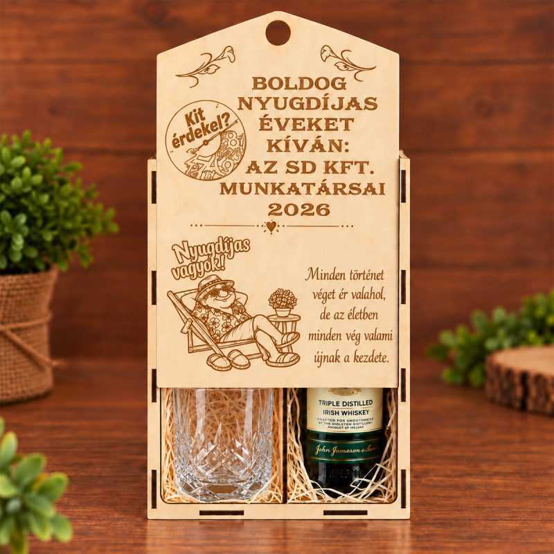 Egyedi gravírozású nyugdíjasba vonulásra ajándékdoboz 2 db kristálypohárral